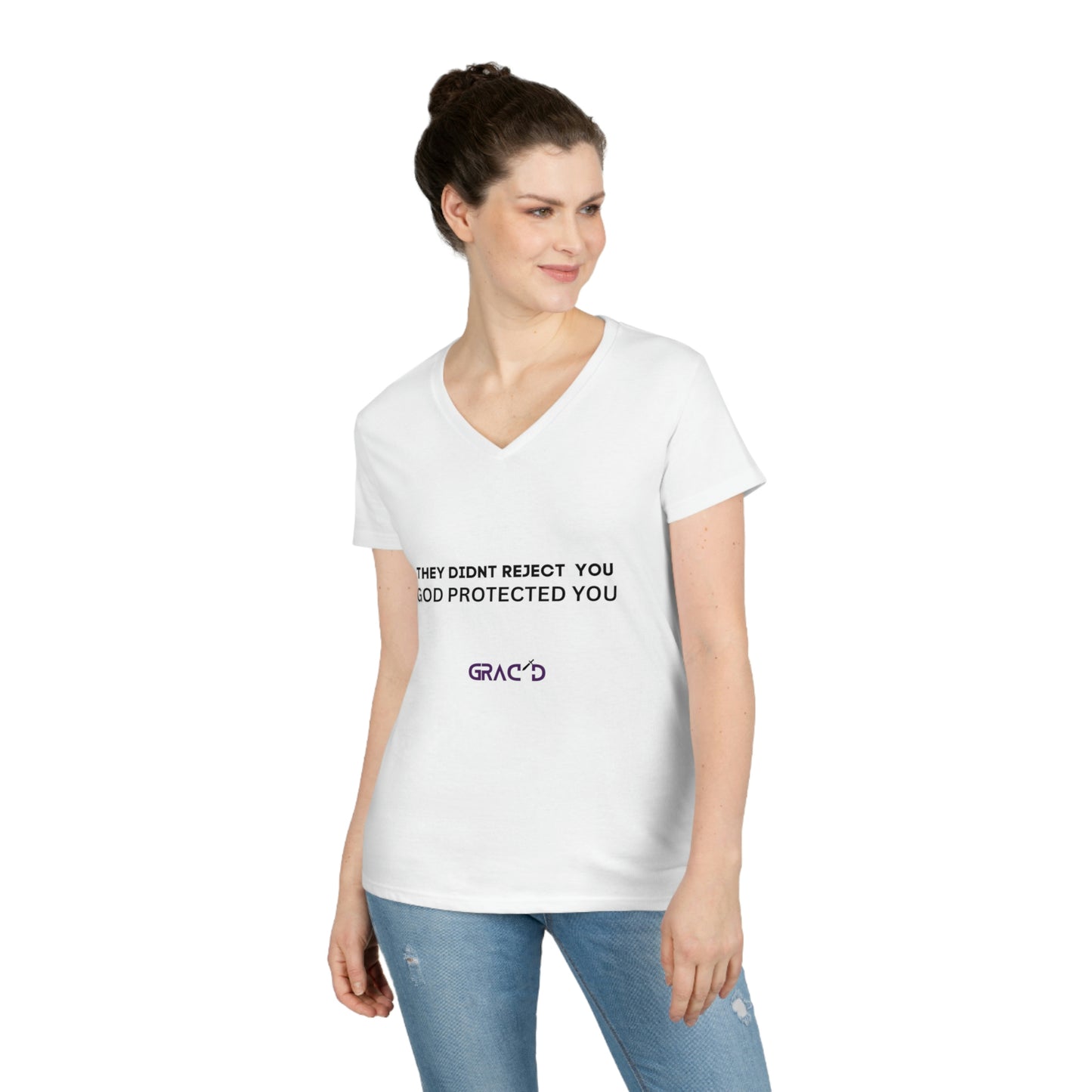 Ladies' V-Neck T-Shirt; They Didnt Reject you GRACD brand